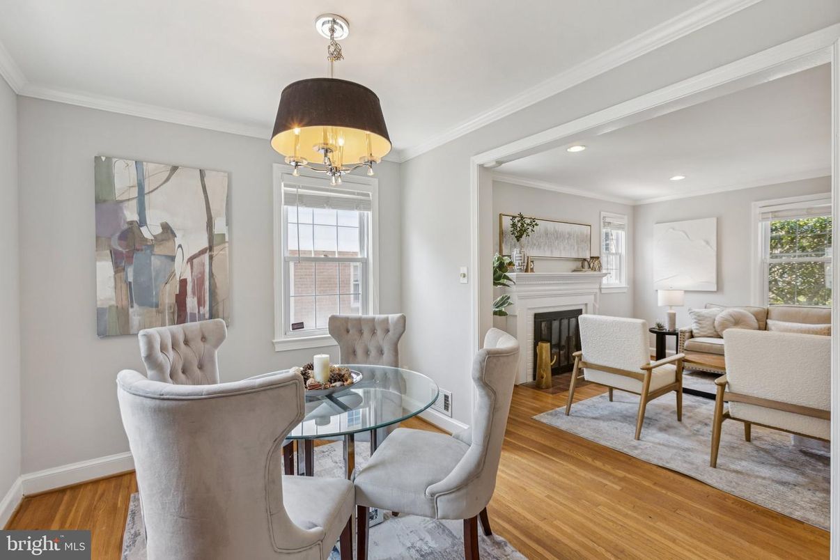 Dining room, Fireplace, Interior, Living room, Recessed Lighting, Wood Texture Flooring