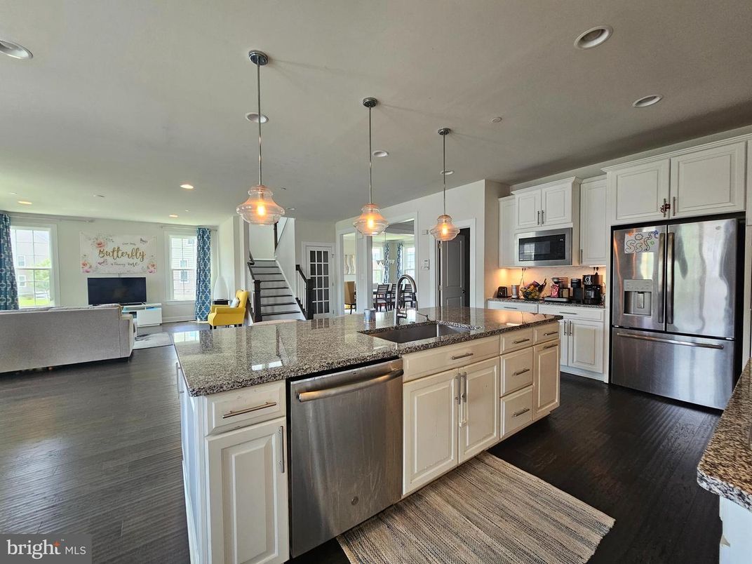 Fireplace, Interior, Kitchen, Living room, Pendant Lights, Recessed Lighting, Stainless Steel Appliances, Wood Texture Flooring