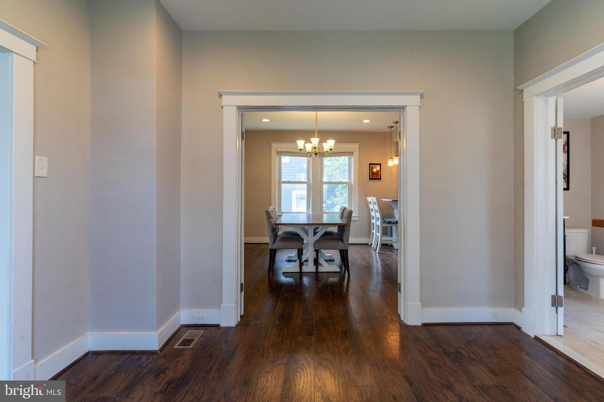Bathroom, Chandelier, Dining room, Interior, Recessed Lighting, Wood Texture Flooring