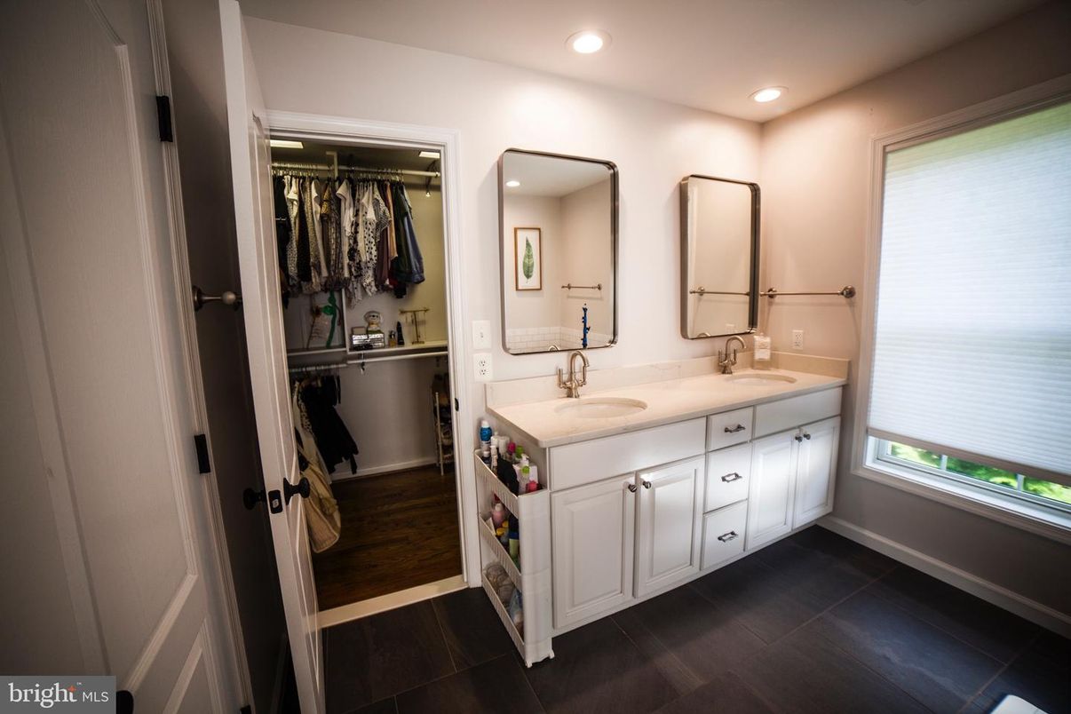 Bathroom, Dual Sink Vanities, Interior, Recessed Lighting, Walk-in Closets, Wood Texture Flooring