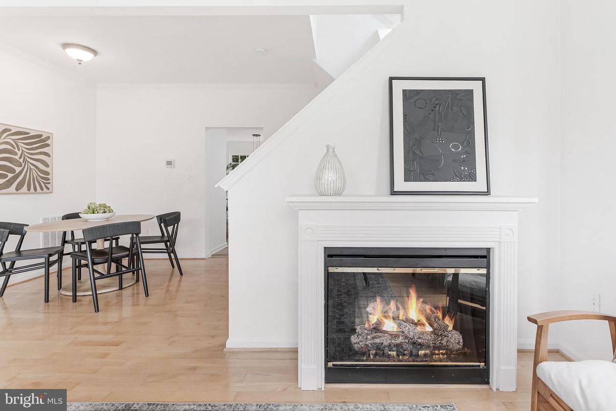 Dining room, Fireplace, Interior, Wood Texture Flooring