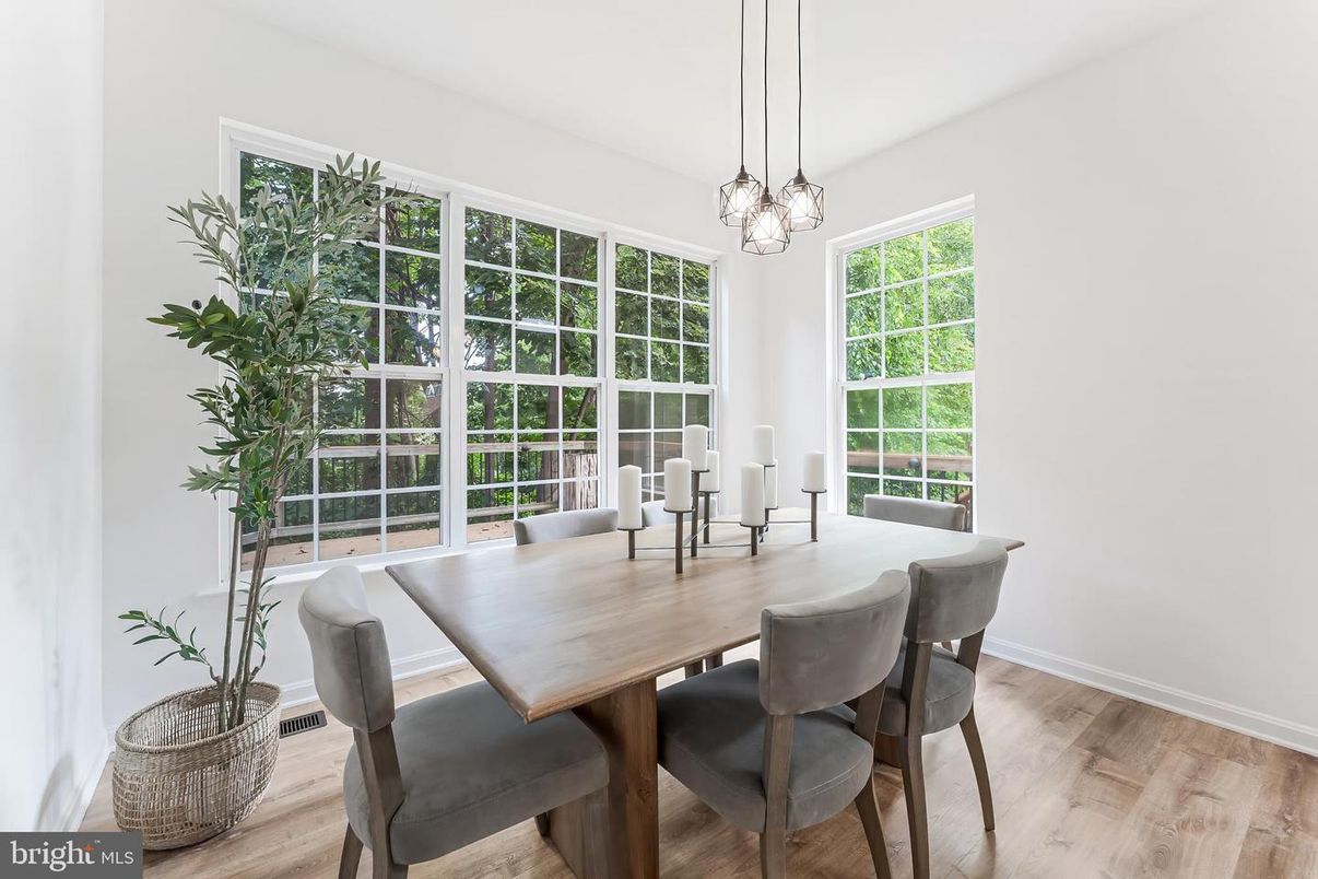 Dining room, Interior, Pendant Lights, Wood Texture Flooring