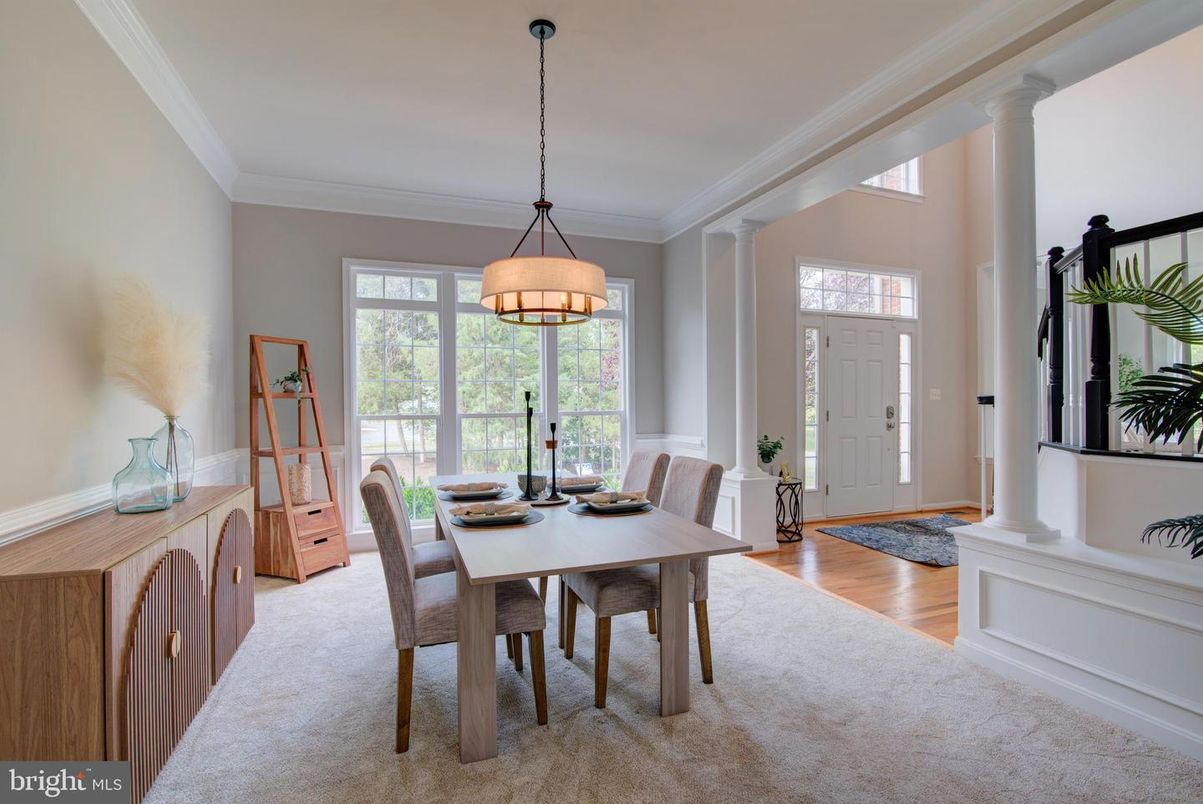 Dining room, Interior, Pendant Lights, Wood Texture Flooring