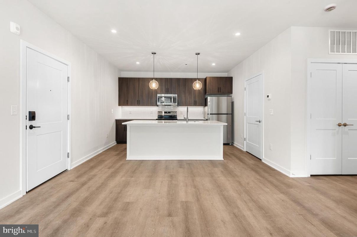 Interior, Kitchen, Pendant Lights, Recessed Lighting, Stainless Steel Appliances, Wood Texture Flooring