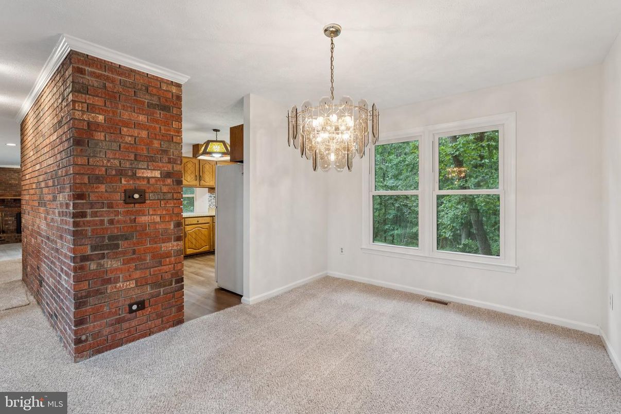 Chandelier, Empty room, Interior, Pendant Lights, Stone Walls, Wood Texture Flooring
