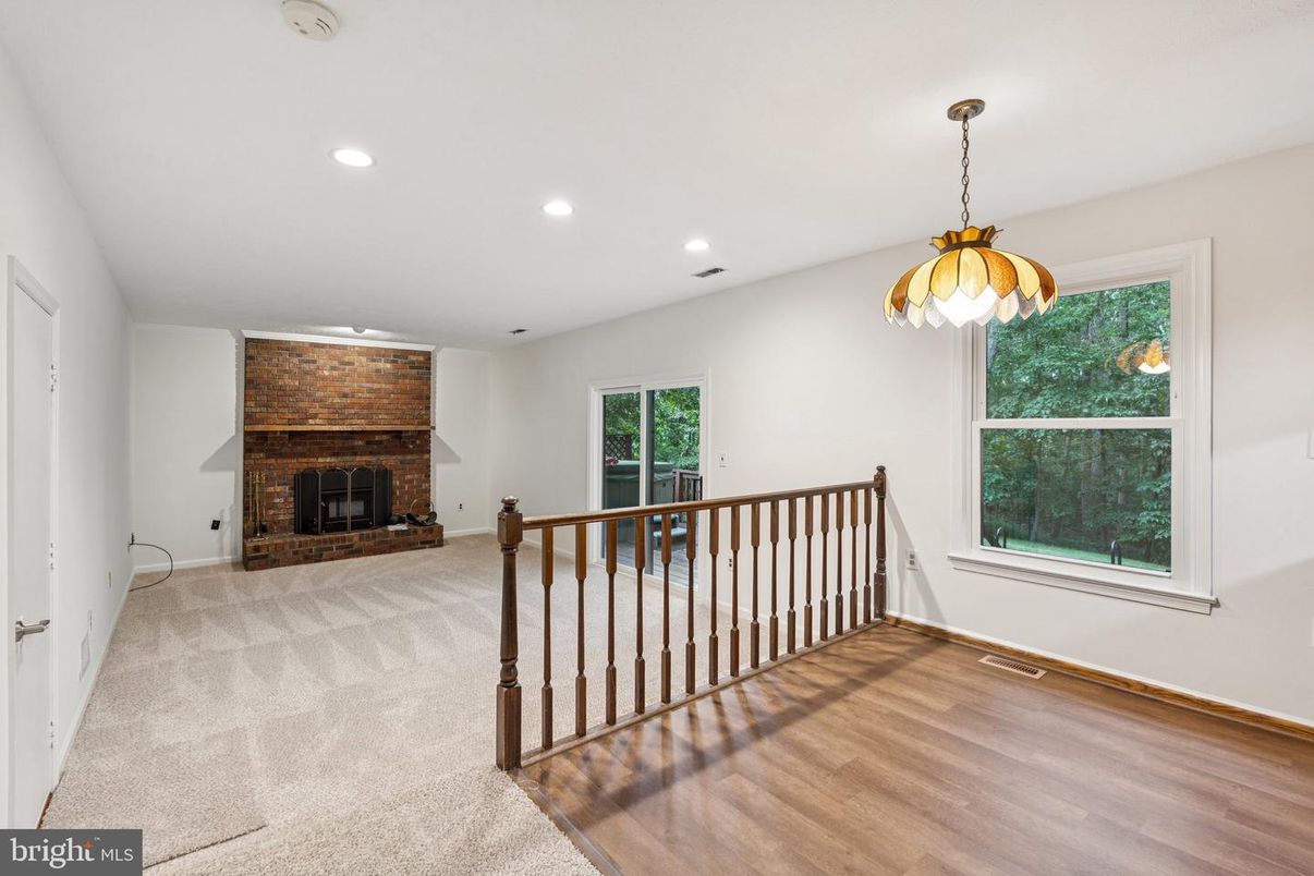 Fireplace, Interior, Pendant Lights, Recessed Lighting, Wood Texture Flooring
