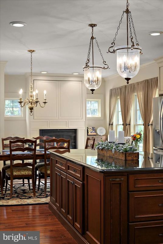 Chandelier, Dining room, Fireplace, Interior, Pendant Lights, Recessed Lighting, Wood Texture Flooring