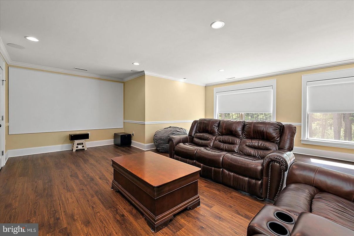Home Theatre Room, Interior, Living room, Recessed Lighting, Theatre Room, Wood Texture Flooring