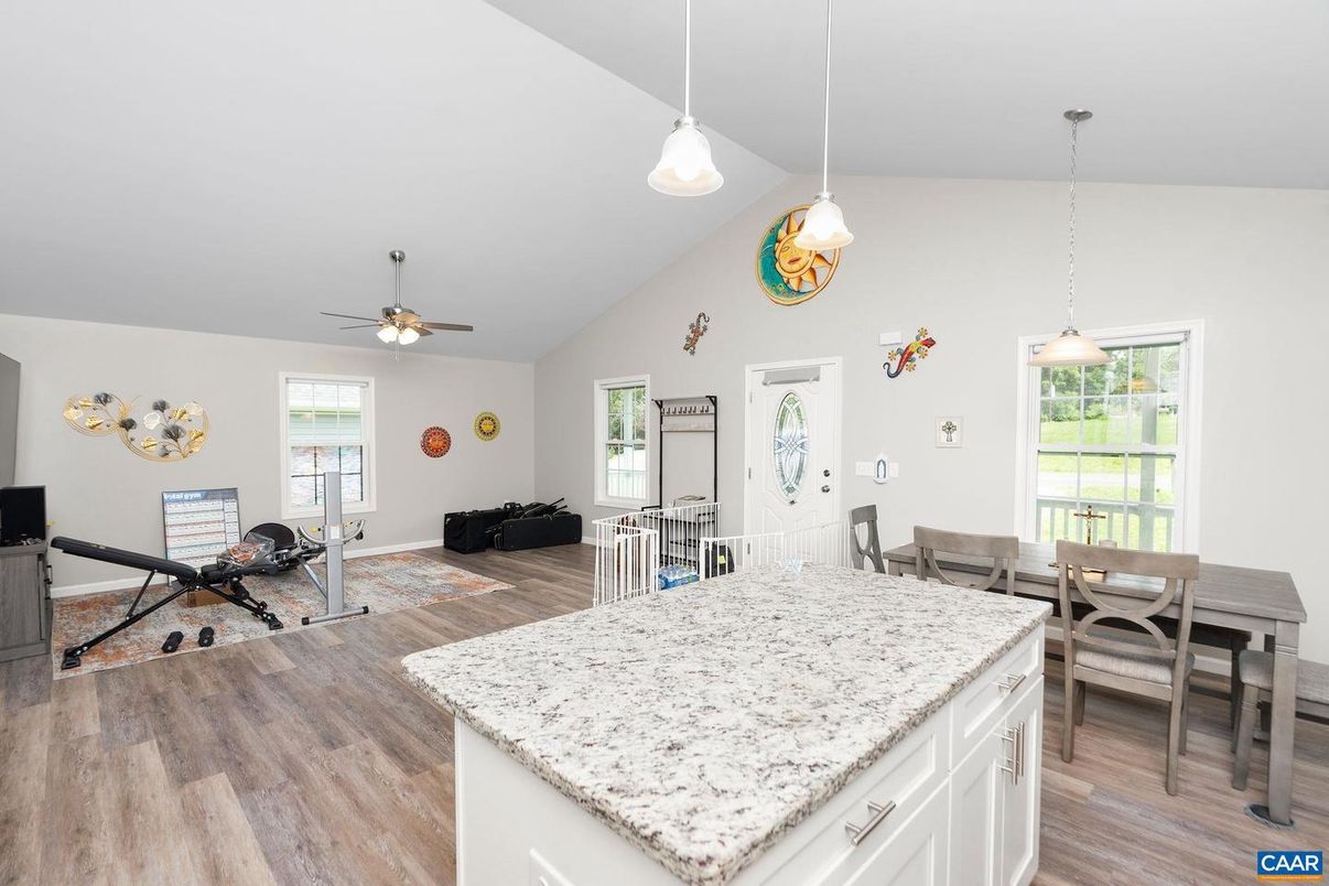 Dining room, Interior, Pendant Lights, Wood Texture Flooring