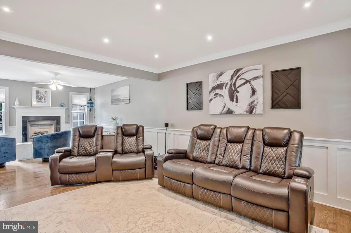 Home Theatre Room, Fireplace, Interior, Living room, Recessed Lighting, Wood Texture Flooring