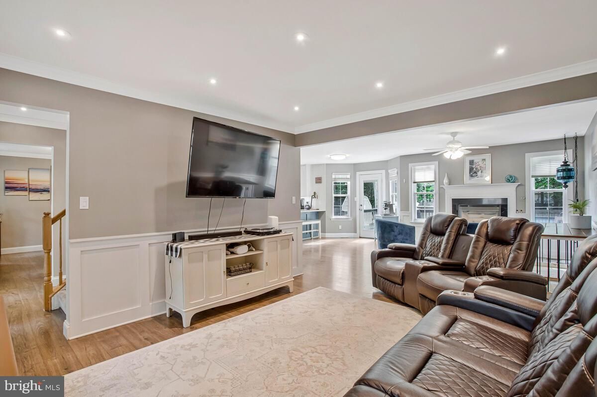 Home Theatre Room, Fireplace, Interior, Living room, Recessed Lighting, Wood Texture Flooring