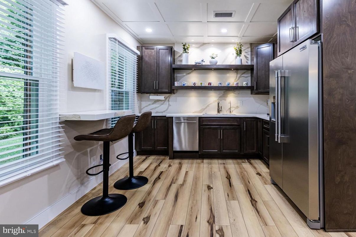 Interior, Kitchen, Recessed Lighting, Stainless Steel Appliances, Wood Texture Flooring