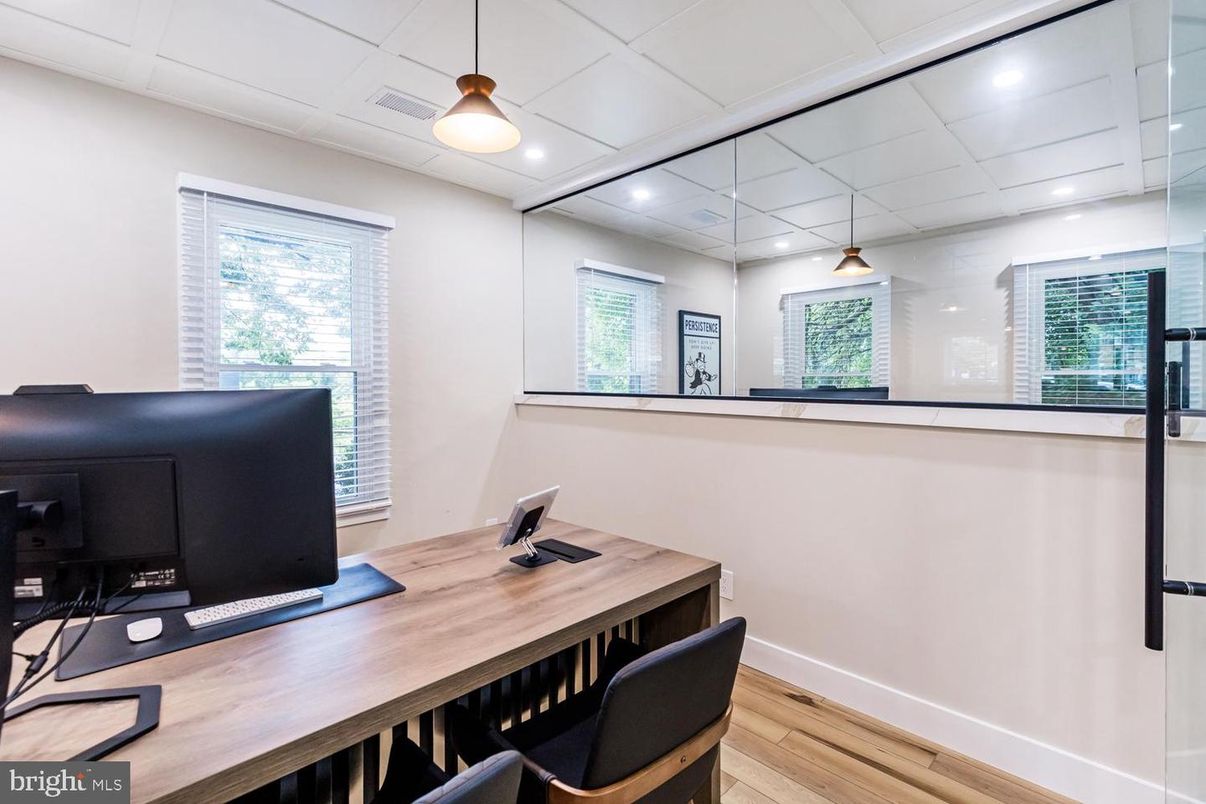 Home Office, Interior, Pendant Lights, Recessed Lighting, Wood Texture Flooring
