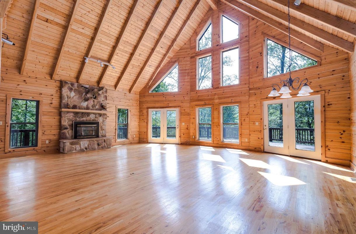 Empty room, Fireplace, Interior, Pendant Lights, Wooden Beams, Wooden Ceilings, Wood Texture Flooring, Wooden Walls