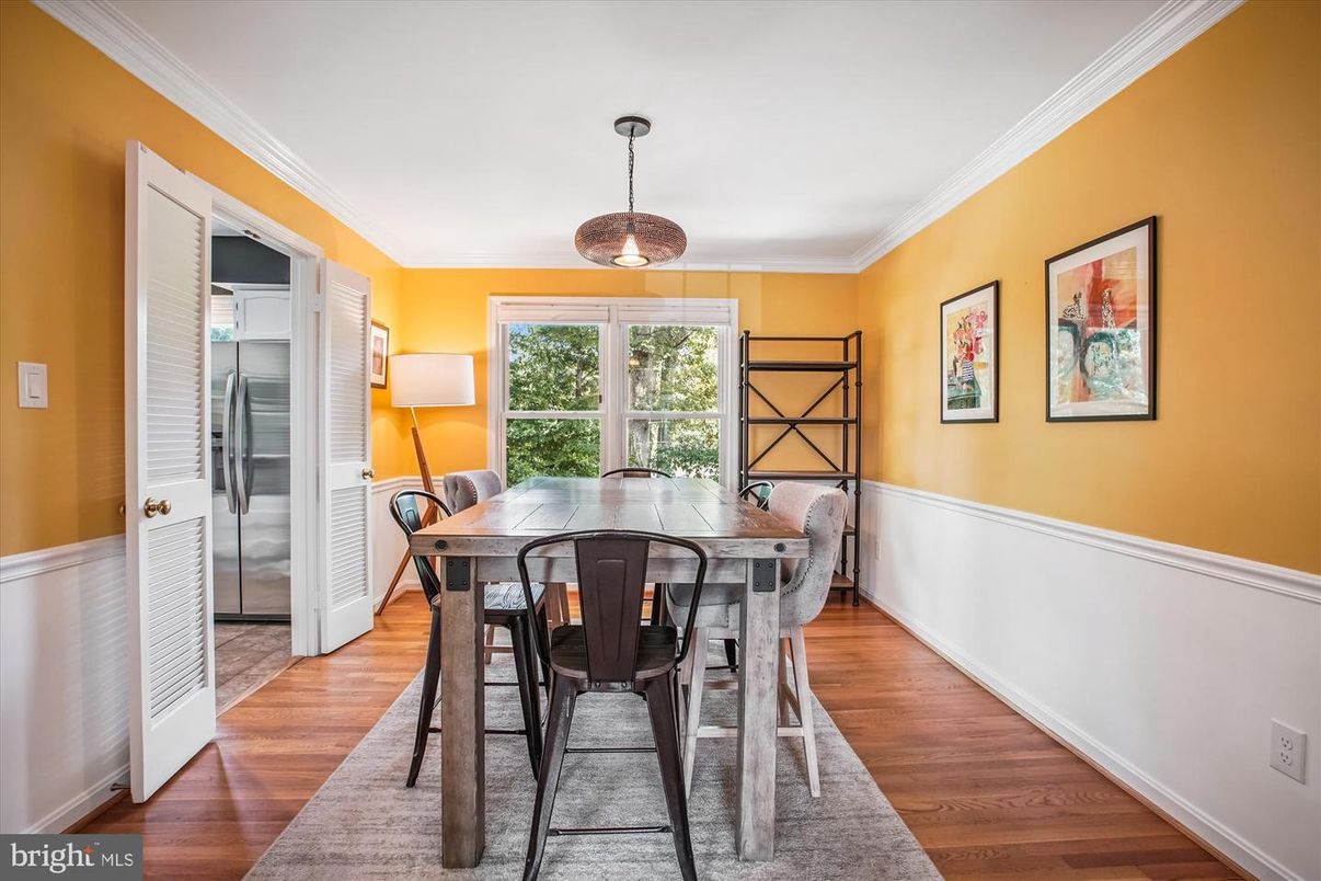 Dining room, Interior, Pendant Lights, Wood Texture Flooring