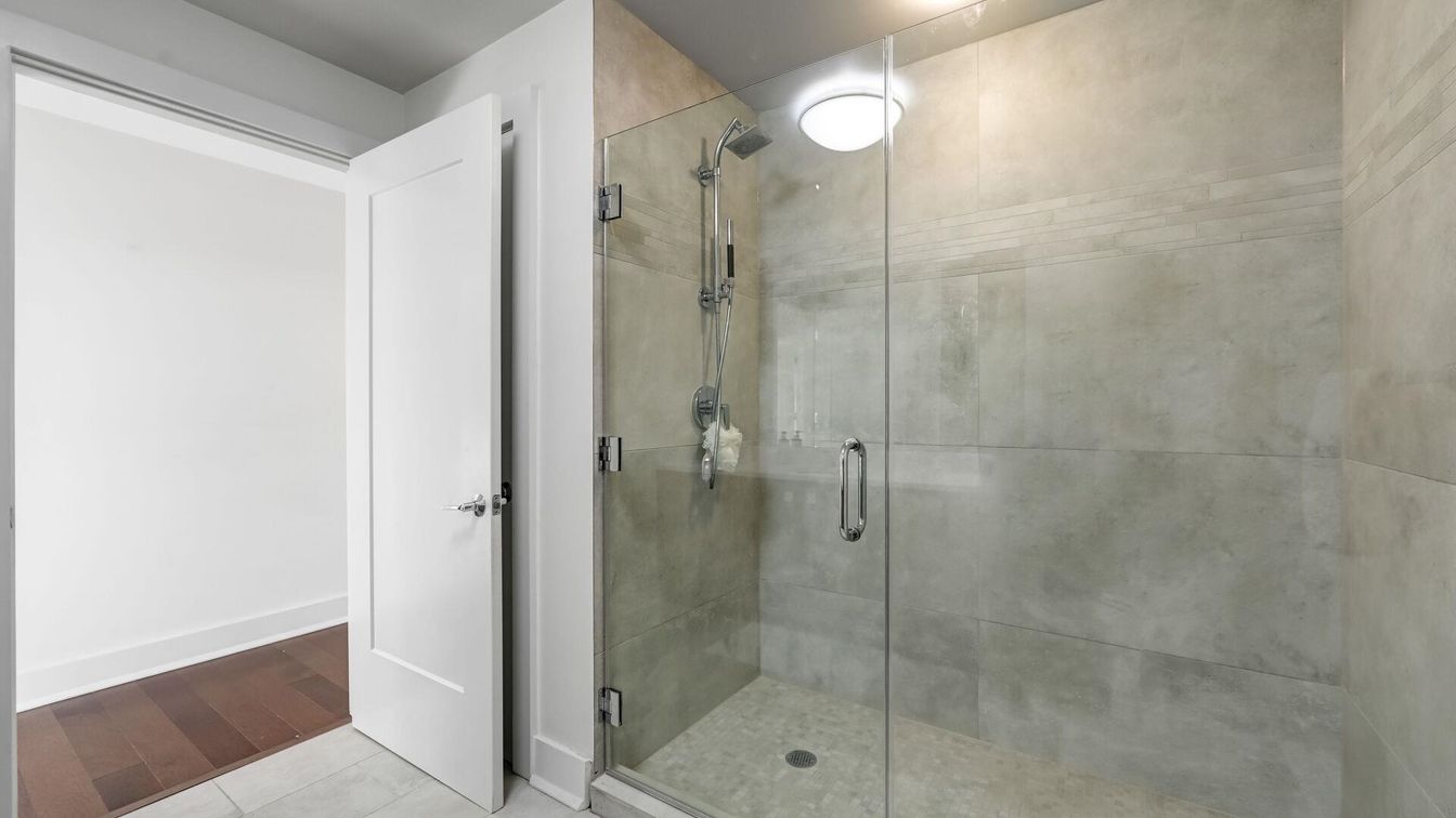 Bathroom, Glass Shower, Interior, Wood Texture Flooring