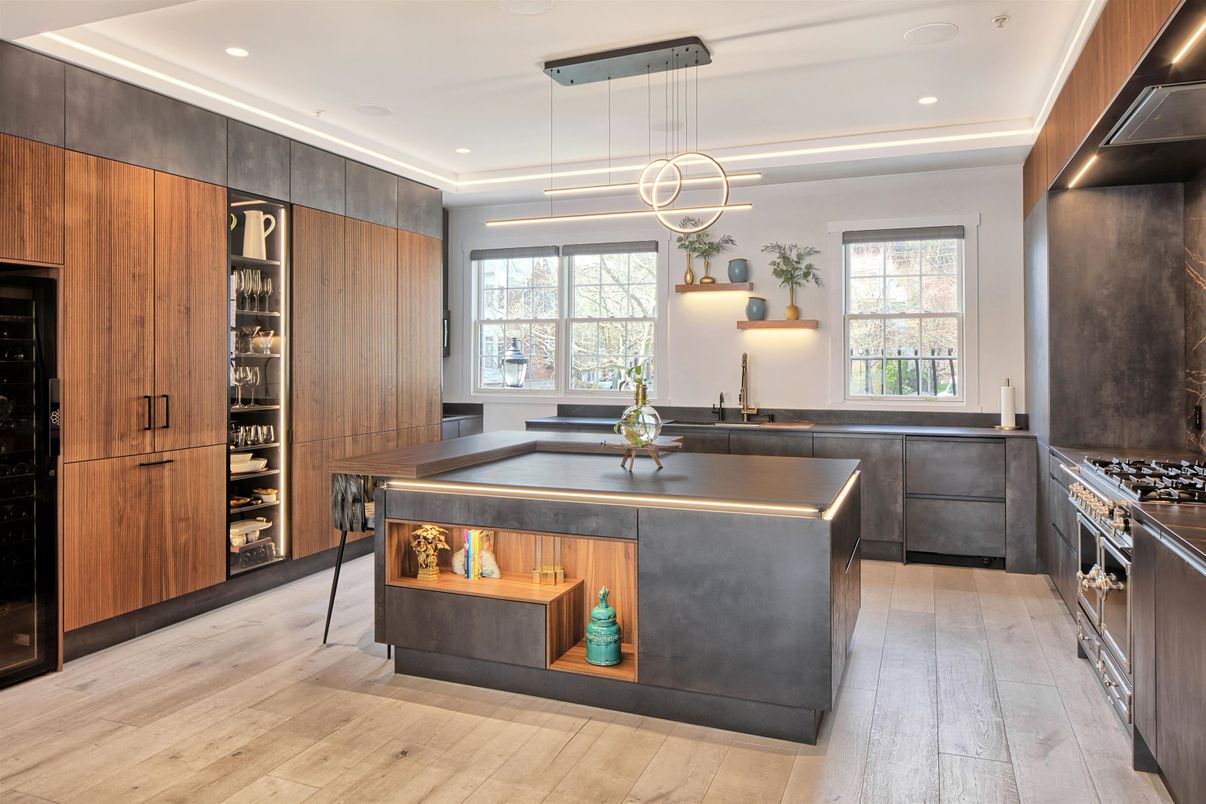 Interior, Kitchen, Pendant Lights, Recessed Lighting, Wood Texture Flooring