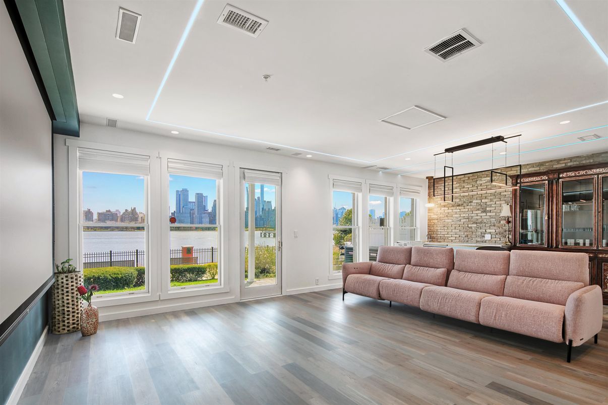 Interior, Living room, Recessed Lighting, Stone Walls, Water, Wood Texture Flooring