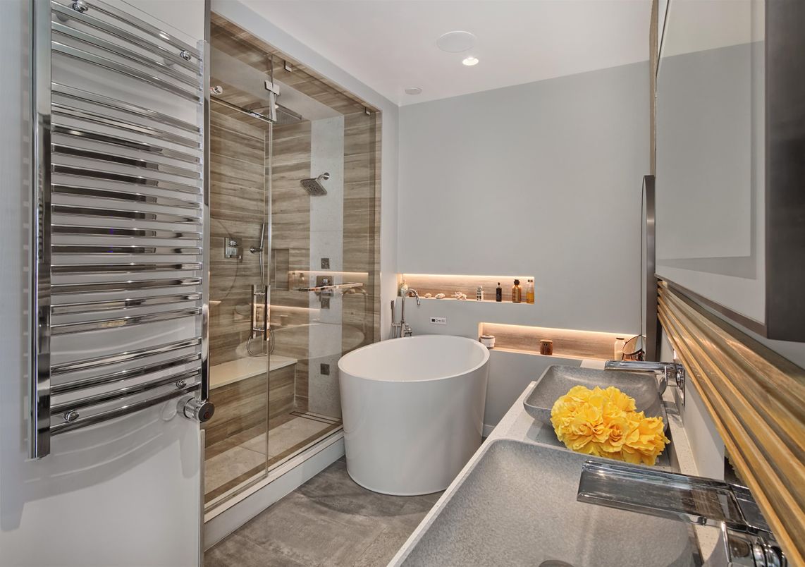 Bathroom, Free Standing Baths, Glass Shower, Interior, Recessed Lighting