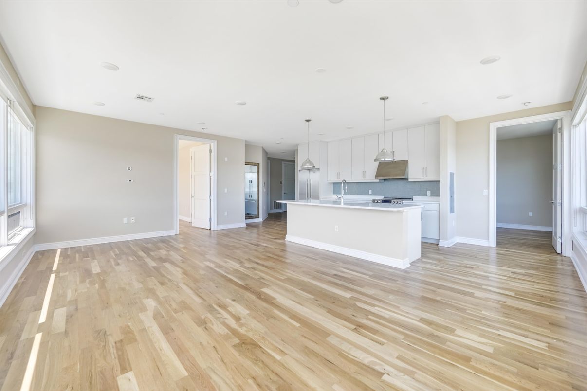 Empty room, Interior, Kitchen, Pendant Lights, Recessed Lighting, Wood Texture Flooring