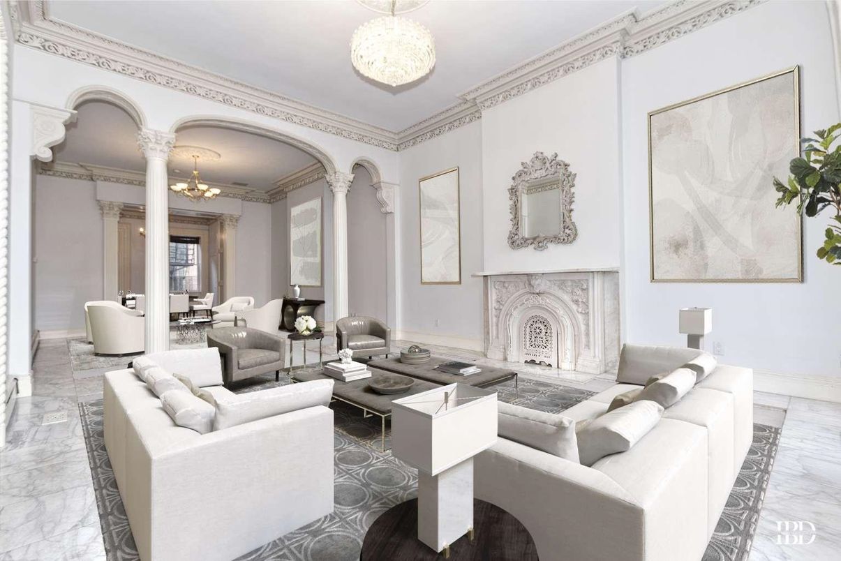 Chandelier, Fireplace, Interior, Living room, Marble