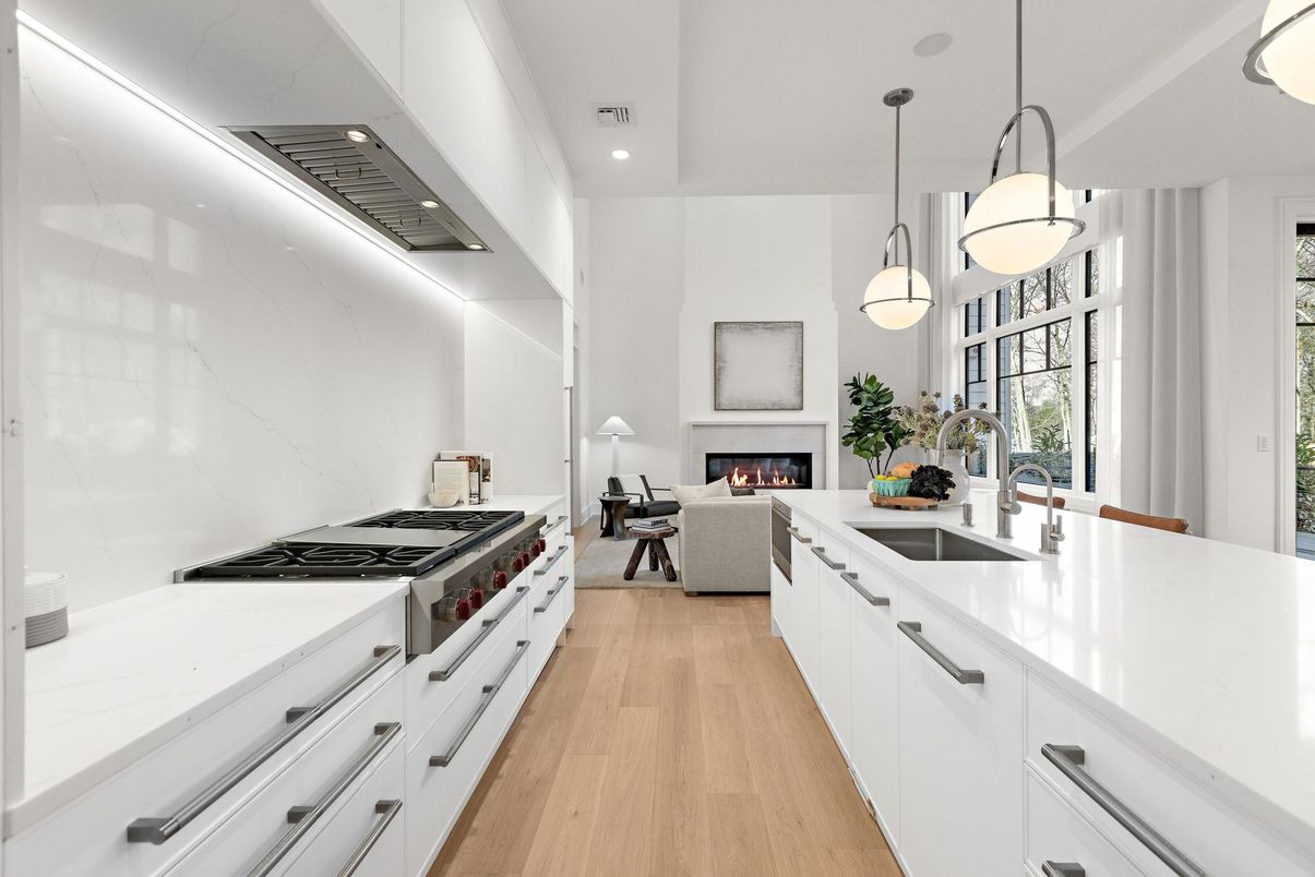 Fireplace, Interior, Kitchen, Living room, Pendant Lights, Recessed Lighting, Wood Texture Flooring