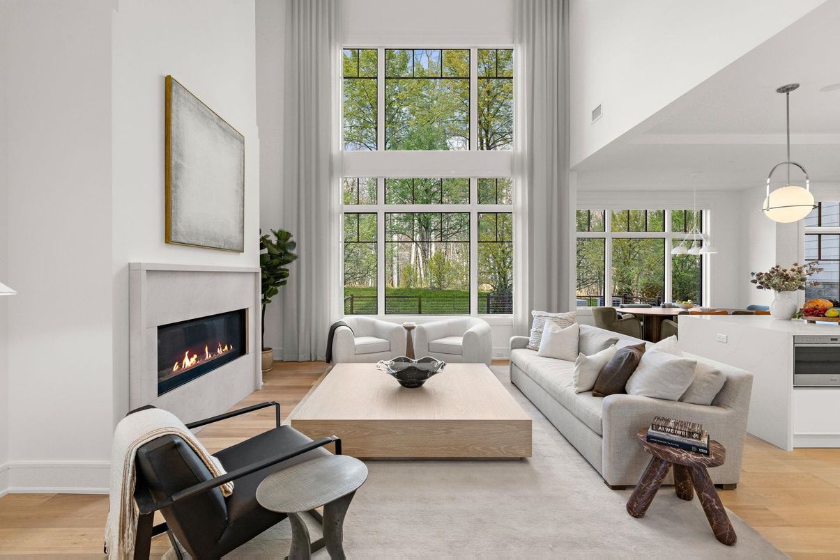 Dining room, Fireplace, Interior, Living room, Pendant Lights, Wood Texture Flooring
