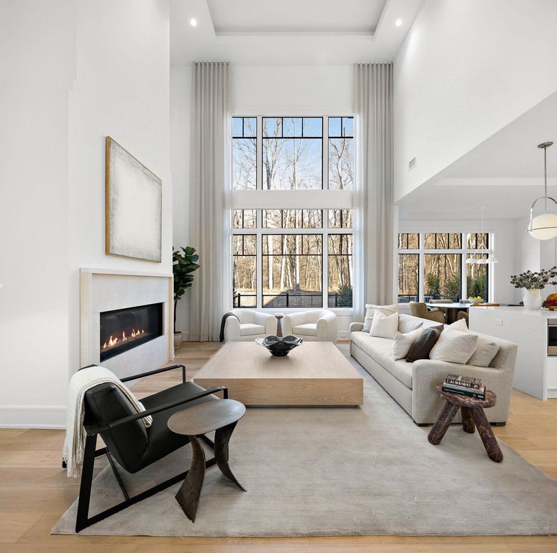 Fireplace, Interior, Living room, Pendant Lights, Recessed Lighting, Wood Texture Flooring