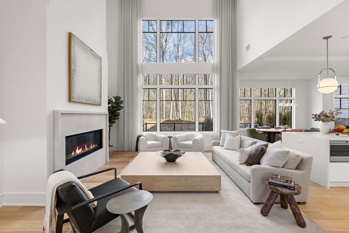 Fireplace, Interior, Living room, Pendant Lights, Wood Texture Flooring
