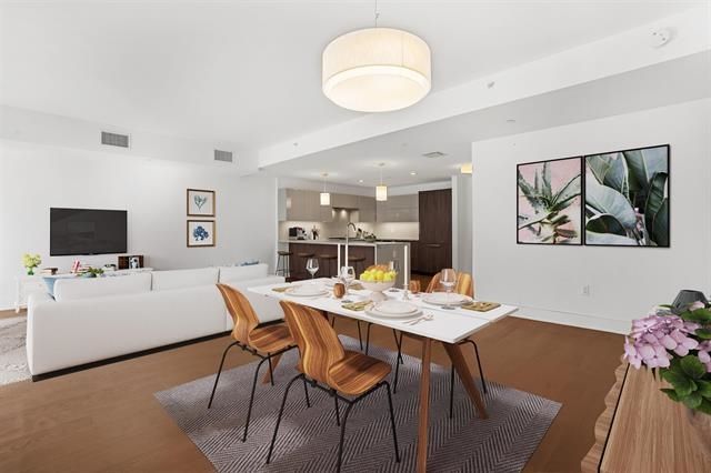 Dining room, Interior, Kitchen, Living room, Pendant Lights, Recessed Lighting, Stainless Steel Appliances, Wood Texture Flooring