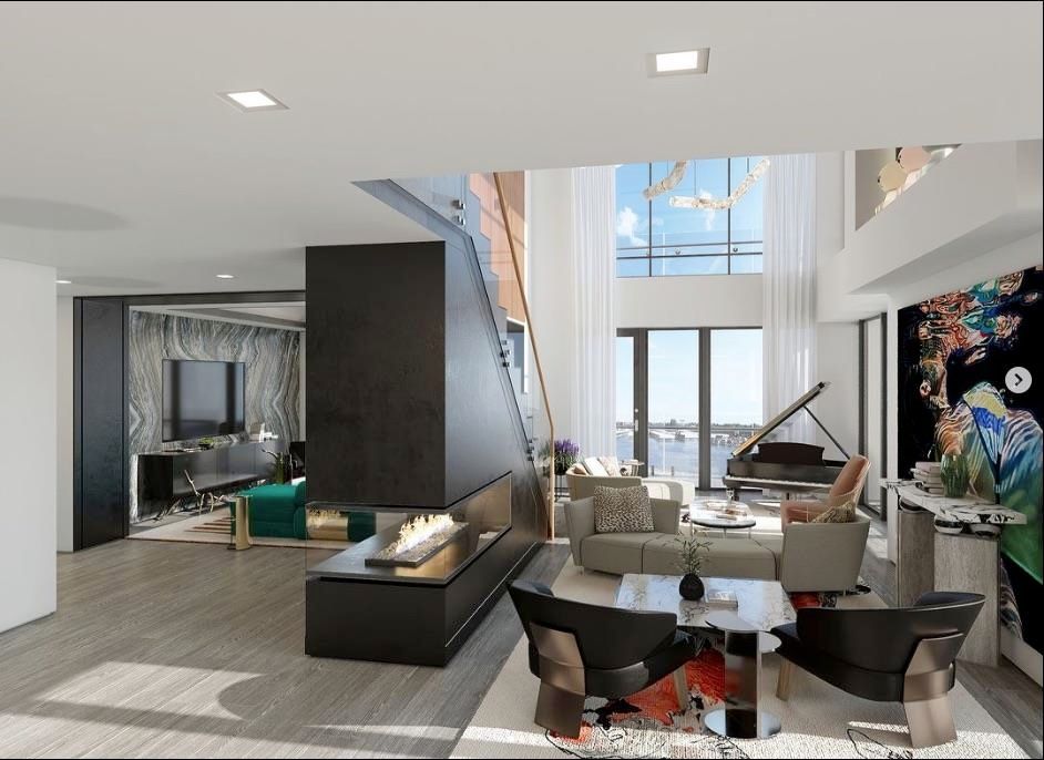 Fireplace, Interior, Living room, Piano, Recessed Lighting, Wood Texture Flooring