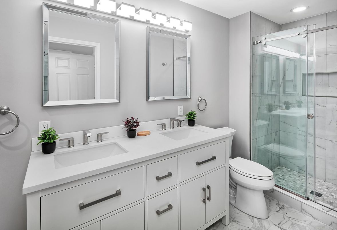 Bathroom, Dual Sink Vanities, Glass Shower, Interior, Marble, Marble Walls, Recessed Lighting
