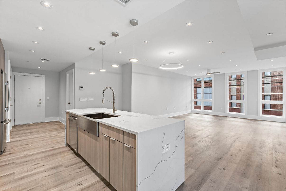 Interior, Kitchen, Pendant Lights, Recessed Lighting, Wood Texture Flooring
