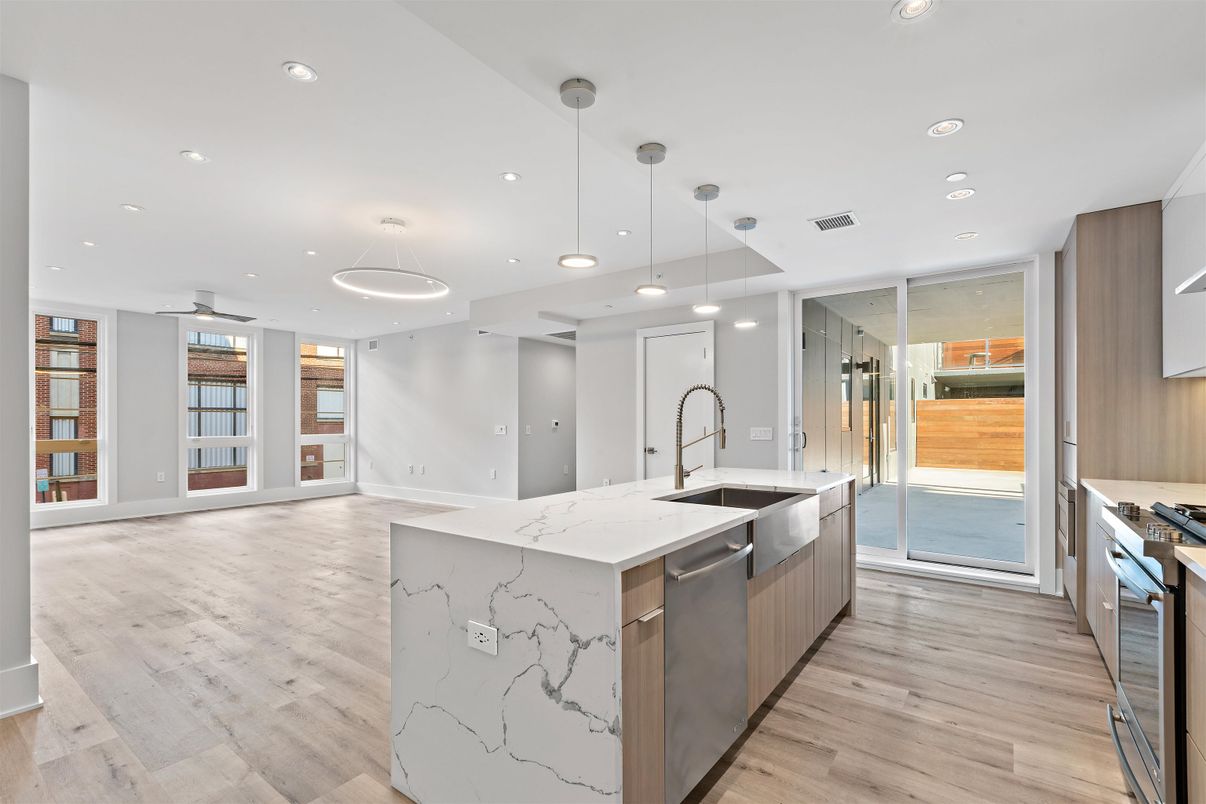 Interior, Kitchen, Pendant Lights, Recessed Lighting, Stainless Steel Appliances, Wood Texture Flooring