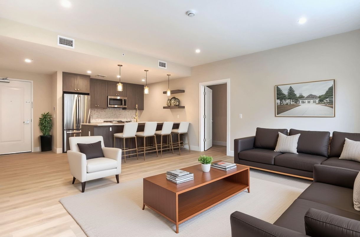 Interior, Kitchen, Living room, Pendant Lights, Recessed Lighting, Stainless Steel Appliances, Wood Texture Flooring