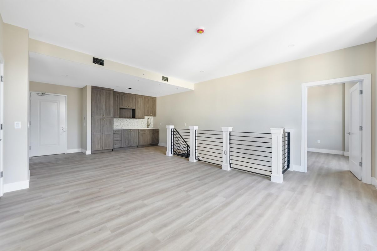 Empty room, Interior, Kitchen, Recessed Lighting, Wood Texture Flooring