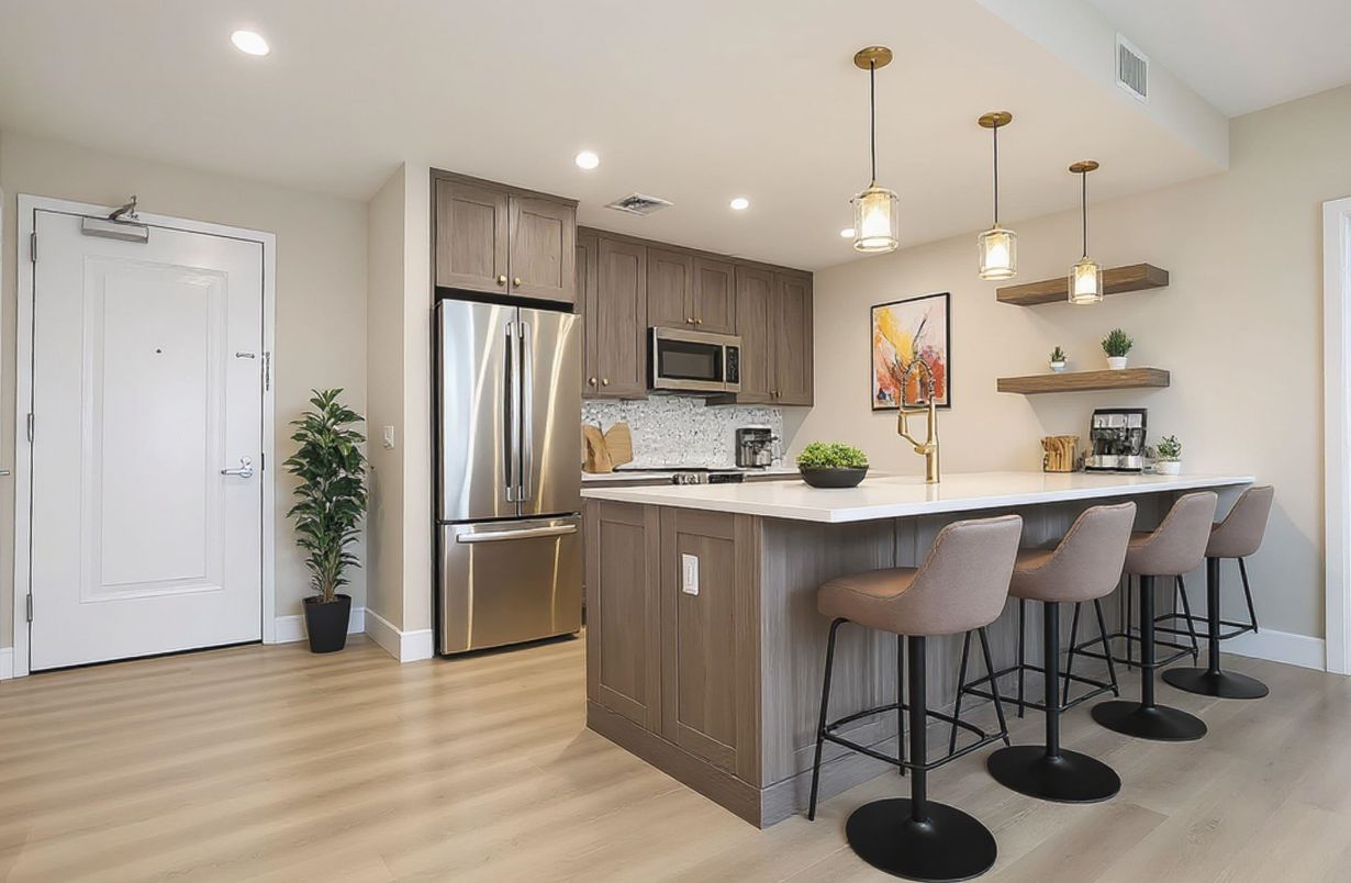 Interior, Kitchen, Pendant Lights, Recessed Lighting, Stainless Steel Appliances, Wood Texture Flooring