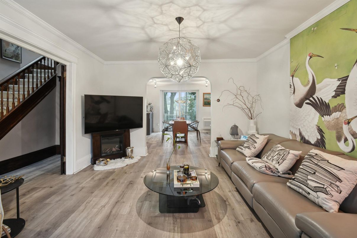 Dining room, Fireplace, Interior, Living room, Pendant Lights, Wood Texture Flooring