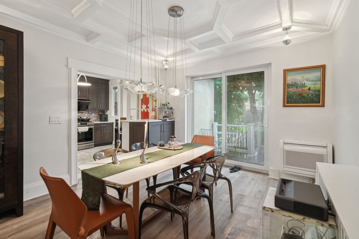 Chandelier, Dining room, Interior, Kitchen, Pendant Lights, Stainless Steel Appliances, Wood Texture Flooring