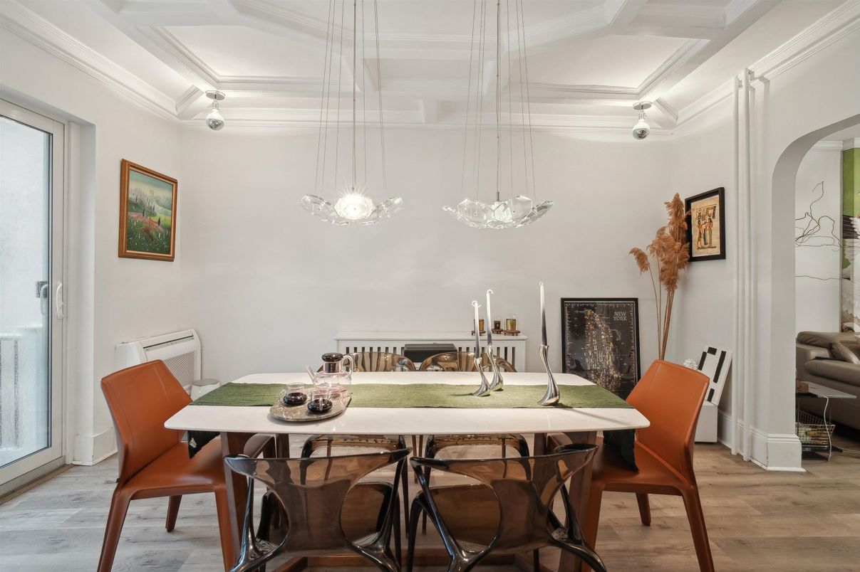 Dining room, Interior, Pendant Lights, Wood Texture Flooring