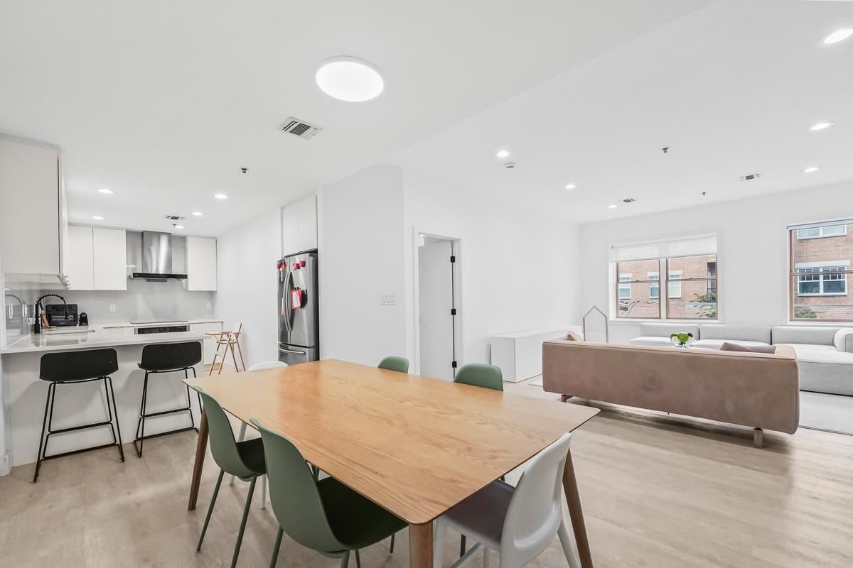 Dining room, Interior, Kitchen, Living room, Recessed Lighting, Stainless Steel Appliances, Wood Texture Flooring