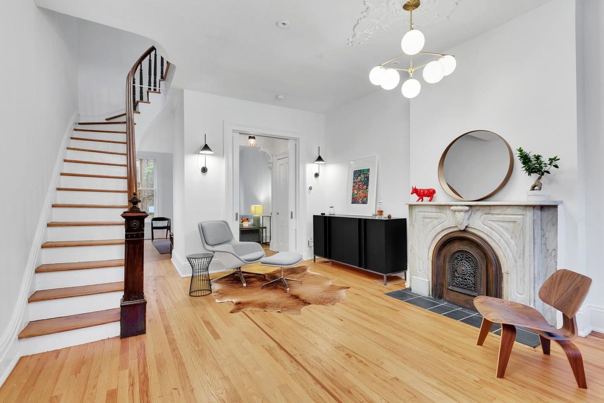 Fireplace, Interior, Pendant Lights, Wood Texture Flooring