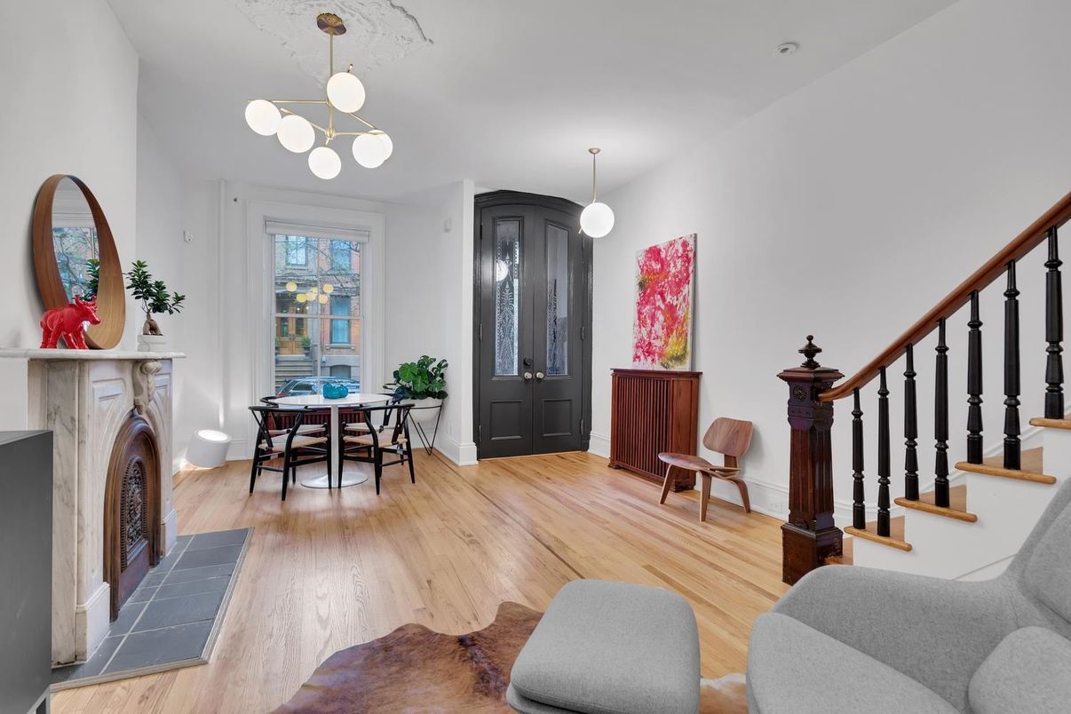 Dining room, Fireplace, Interior, Pendant Lights, Wood Texture Flooring