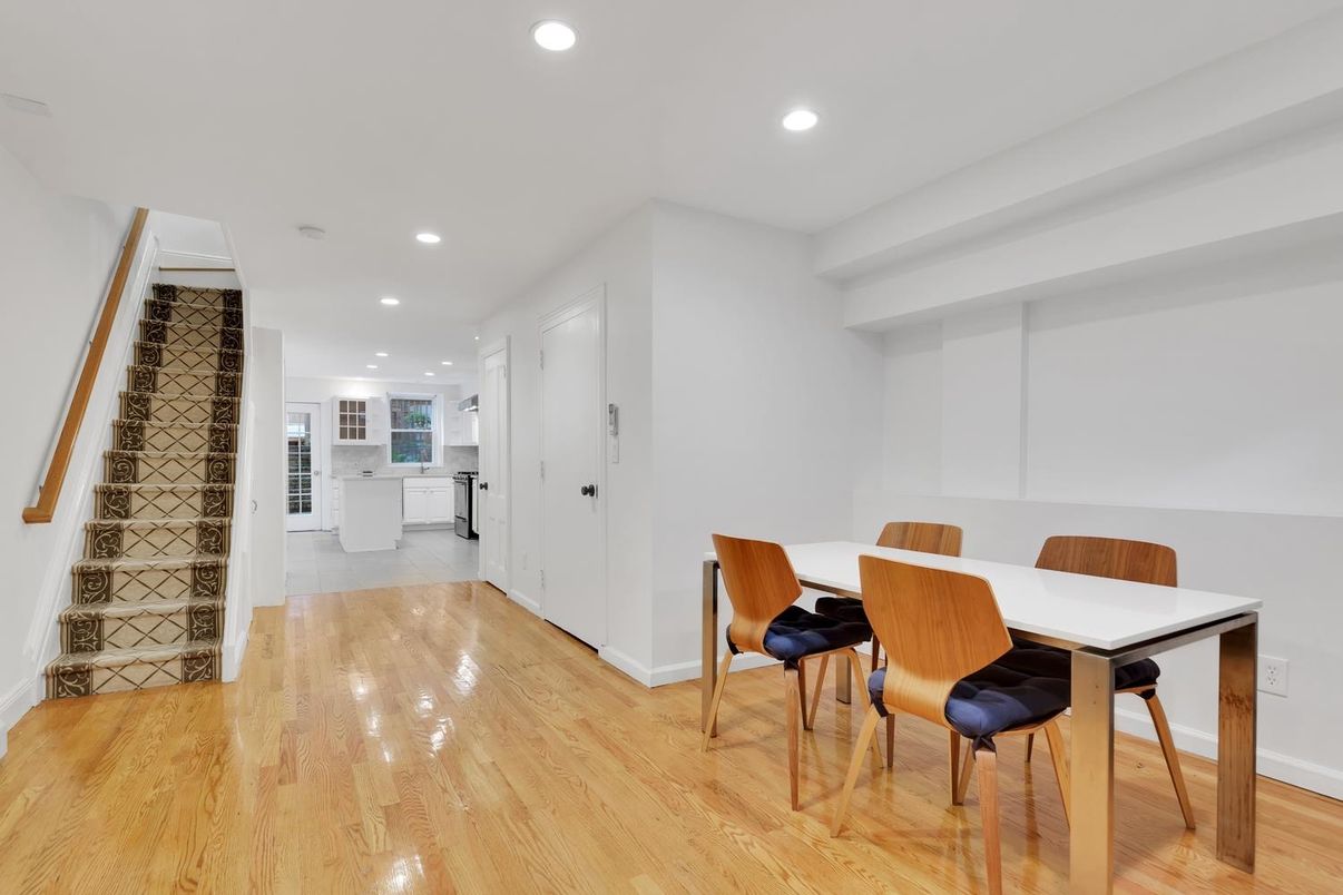 Dining room, Interior, Recessed Lighting, Wood Texture Flooring