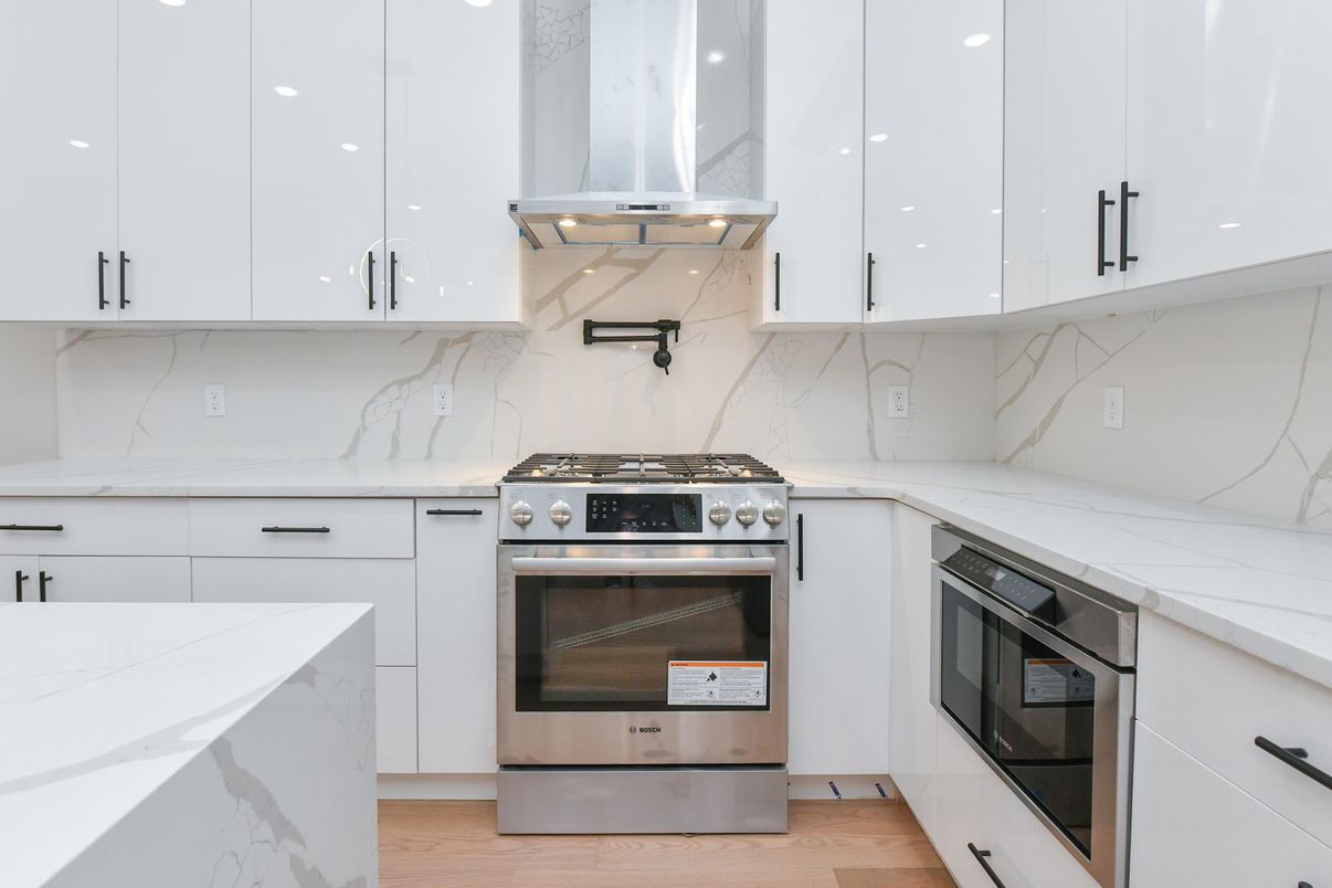 Interior, Kitchen, Marble Walls, Stainless Steel Appliances, Wood Texture Flooring