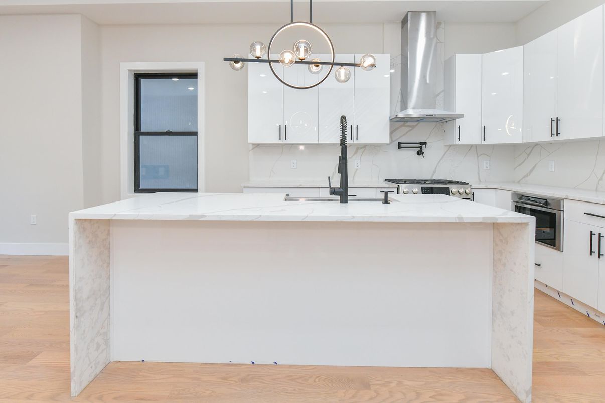 Interior, Kitchen, Marble Walls, Pendant Lights, Wood Texture Flooring