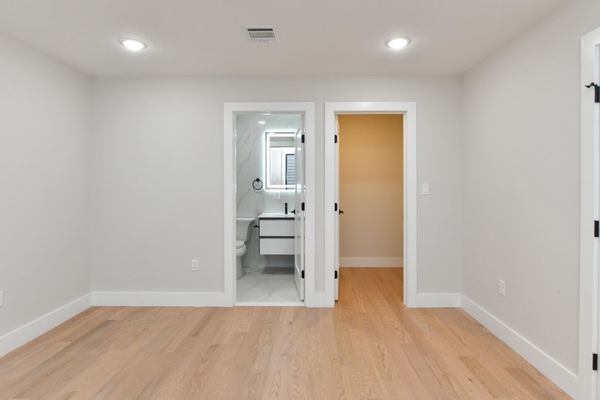 Bathroom, Empty room, Interior, Recessed Lighting, Wood Texture Flooring