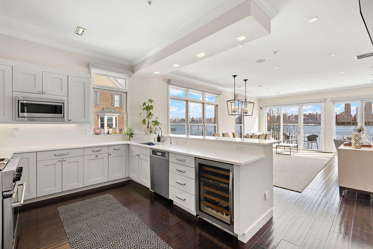 Interior, Kitchen, Pendant Lights, Recessed Lighting, Stainless Steel Appliances, Water, Wood Texture Flooring
