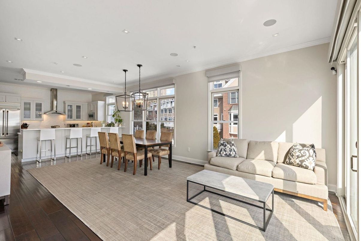 Chandelier, Dining room, Interior, Kitchen, Living room, Pendant Lights, Recessed Lighting, Stainless Steel Appliances, Wood Texture Flooring