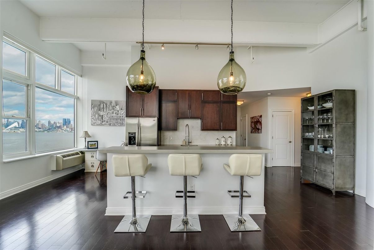 Interior, Kitchen, Pendant Lights, Recessed Lighting, Stainless Steel Appliances, Water, Wood Texture Flooring
